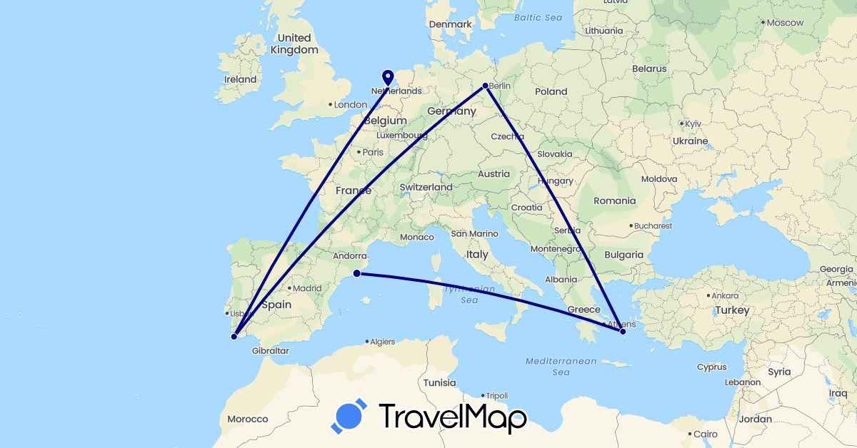 TravelMap itinerary: driving in Germany, Spain, Greece, Netherlands, Portugal (Europe)